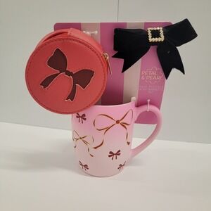 PETAL & PEARL Bows Ombre Pink Soft Touch Mug With Pouch & Bow Barrette GIFT SET!